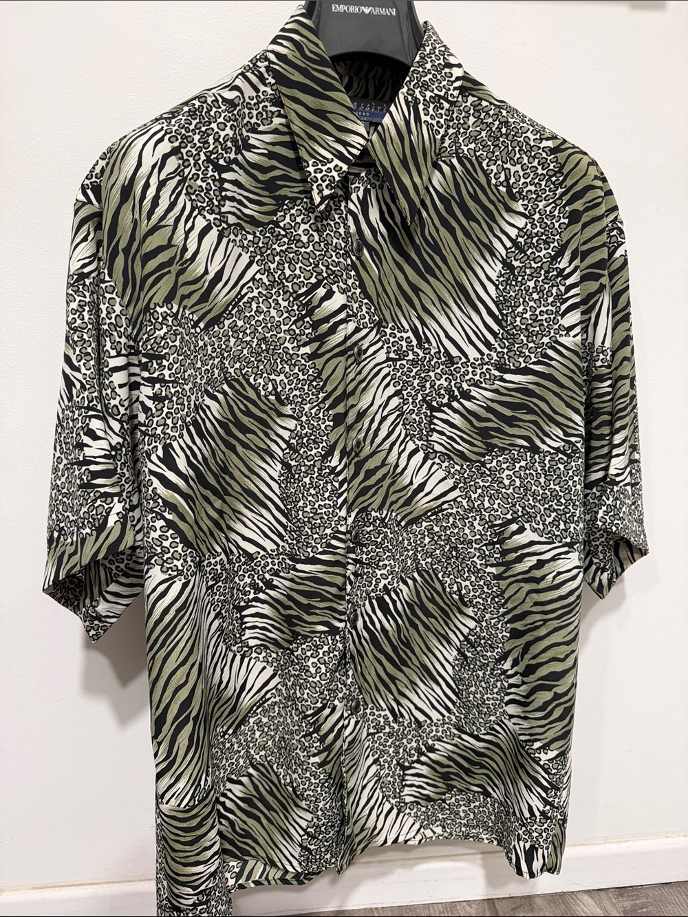 Vintage 90s Olive, Black & White Mixed Animal-Print Short Sleeve Shirt